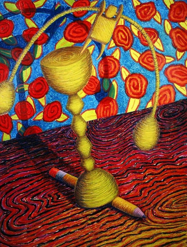 A painting of a yellow object with yarn and pencils.